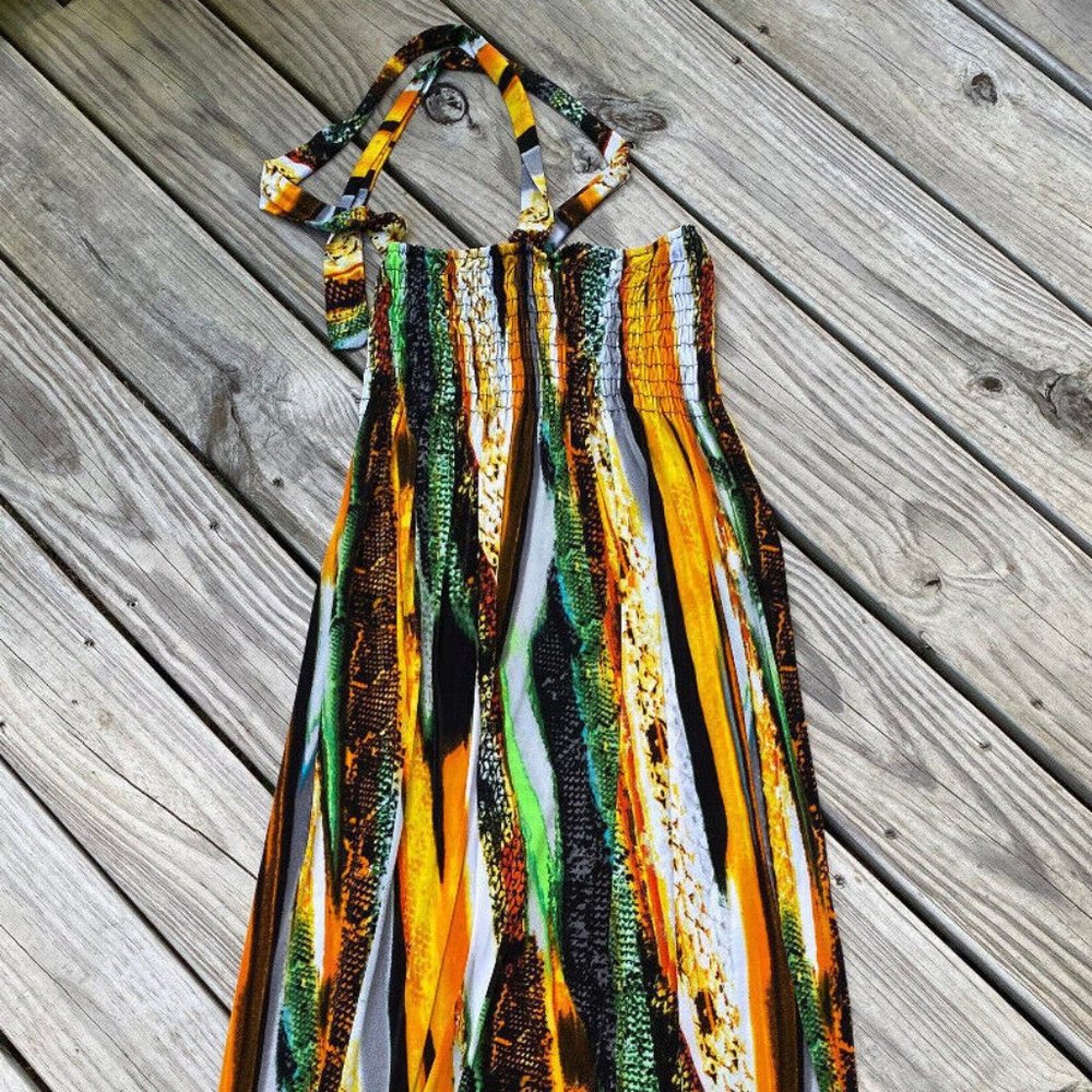 Hawaiian Bright Summer Sleeveless Halter Top SilkyKnit Maxi Dress Just Love Sz M